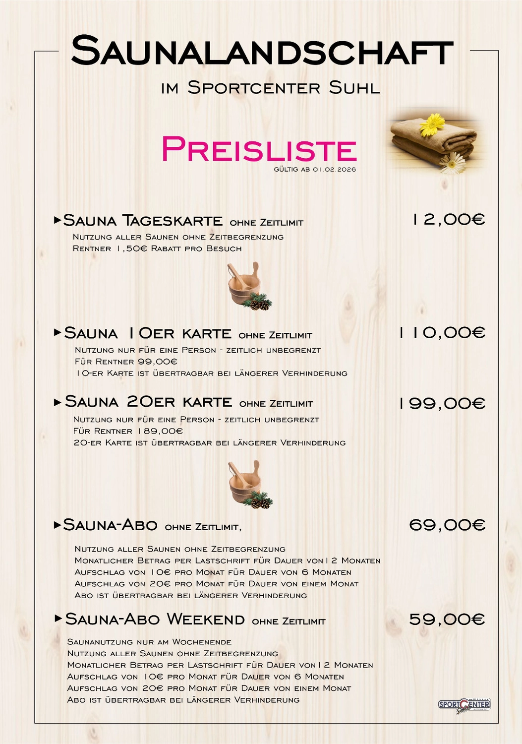 Preisliste des Sportcenter Suhl